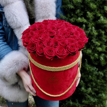 Букет Краспедия из роз в шляпной коробке - фото 1